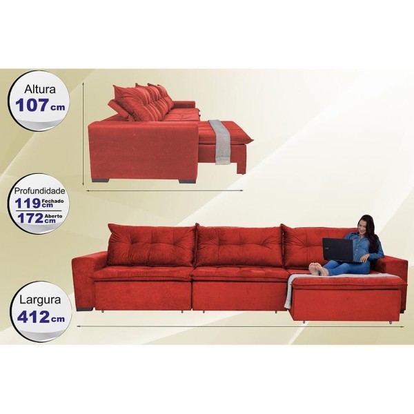 Encontraproduto.com.br - Sofá Austrália 4,12 Mts Retrátil, Reclinável Com Molas E Pillow No Assento Tecido Suede Vermelho