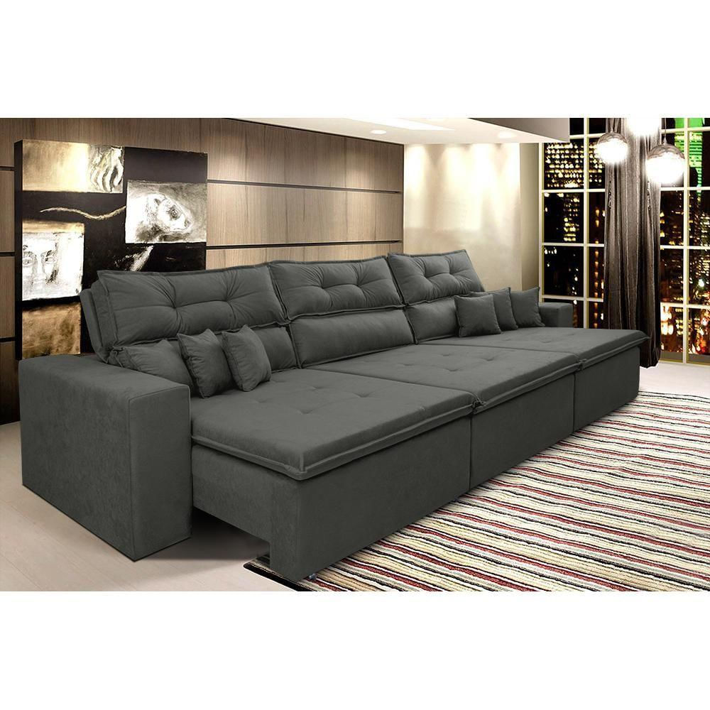 Sofá Cairo 3,52m Retrátil, Reclinável Tecido Suede Cinza Cama Inbox