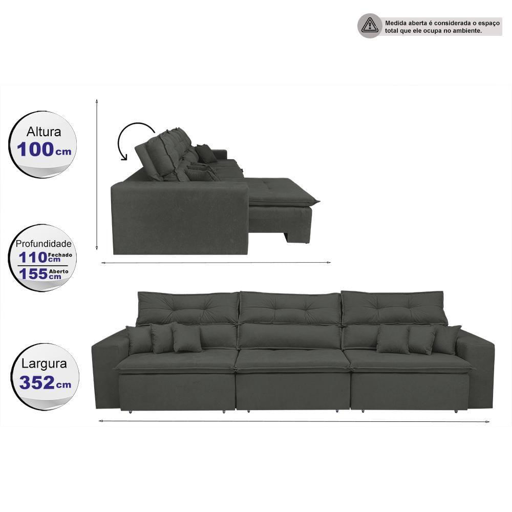 Encontraproduto.com.br - Sofá Cairo 3,52m Retrátil, Reclinável Tecido Suede Cinza Cama Inbox