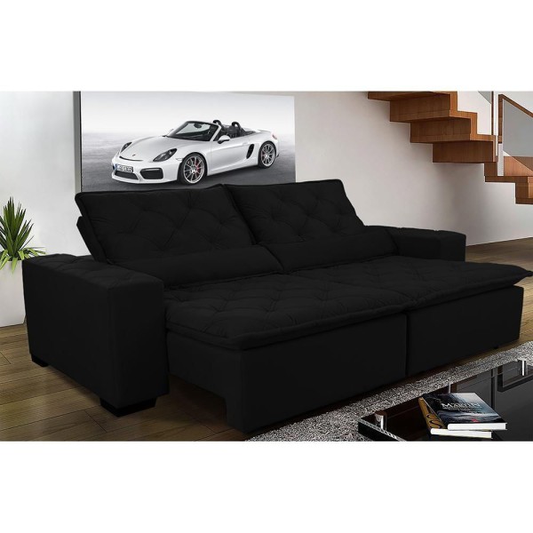 Sofá Magnum 2,62m Retrátil, Reclinável Com Molas E Almofadas Lombar Tecido Suede Velusoft Preto