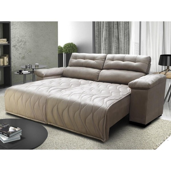Sofá 2,32m Retrátil E Reclinável Com Molas Cama Inbox Top Tecido Suede Velusoft Bege