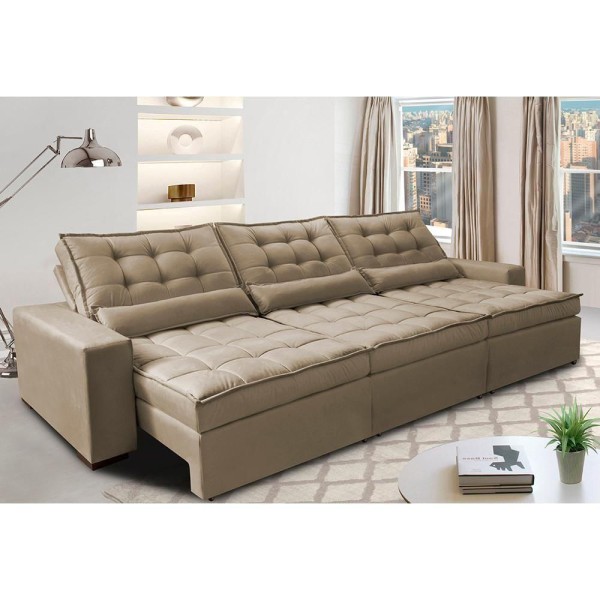 Sofá Retrátil E Reclinável 3,82m Com Molas Ensacadas Cama Inbox Gold Tecido Suede Velusoft Castor