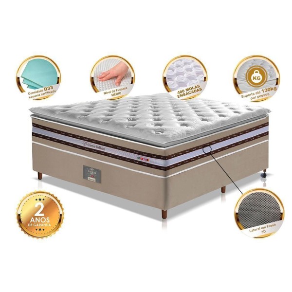 Encontraproduto.com.br - Conjunto Cama Box Casal De Molas Ensacadas D33 Com Pillow Top Cama Inbox Select 138x188x71 Bege
