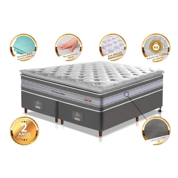 Encontraproduto.com.br - Conjunto Cama Box Queen De Molas Ensacadas D33 Com Pillow Top Cama Inbox Select 158x198x71 Cinza