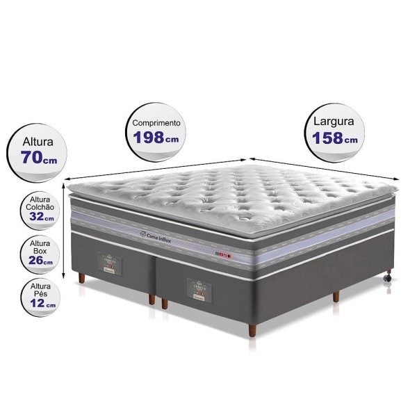 Encontraproduto.com.br - Conjunto Cama Box Queen De Molas Ensacadas D33 Com Pillow Top Cama Inbox Select 158x198x71 Cinza