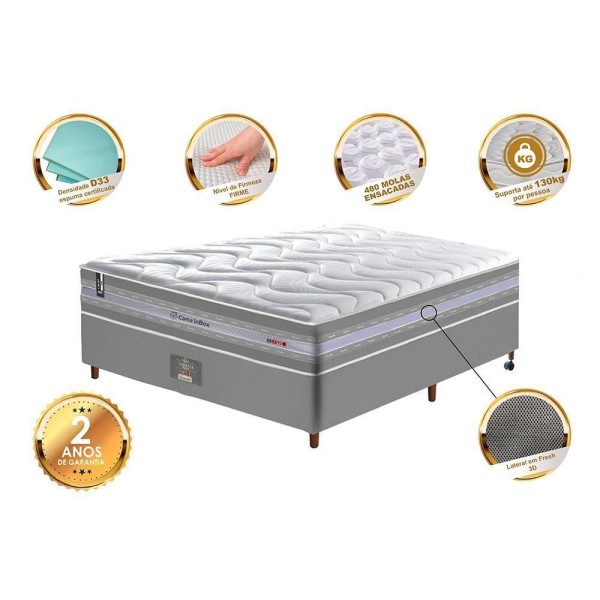 Encontraproduto.com.br - Conjunto Cama Box Casal De Molas Ensacadas D33 Cama Inbox Select Firme 138x188x71 Cinza