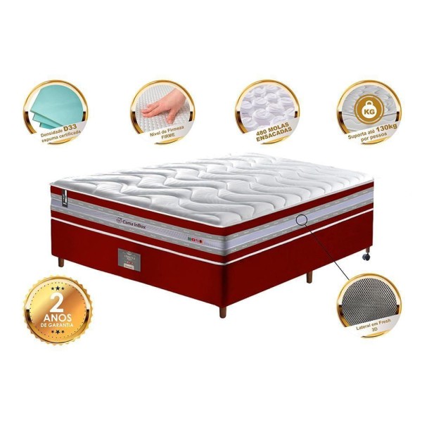 Encontraproduto.com.br - Conjunto Cama Box Casal De Molas Ensacadas D33 Cama Inbox Select Firme 138x188x71 Vermelho