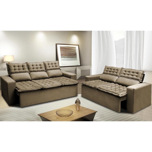 Encontraproduto.com.br - Conjunto De Sofá 3 E 2 Lugares Retrátil E Reclinável Cama Inbox Slim 2,00x1,50m Velusoft Castor