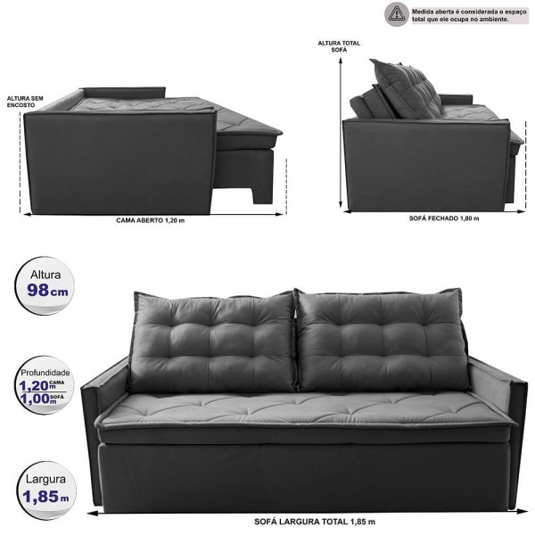 Encontraproduto.com.br - Sofá Sem Caixa Retrátil E Reclinável 1,85m Cama Inbox Studio Suede Velusoft Cinza