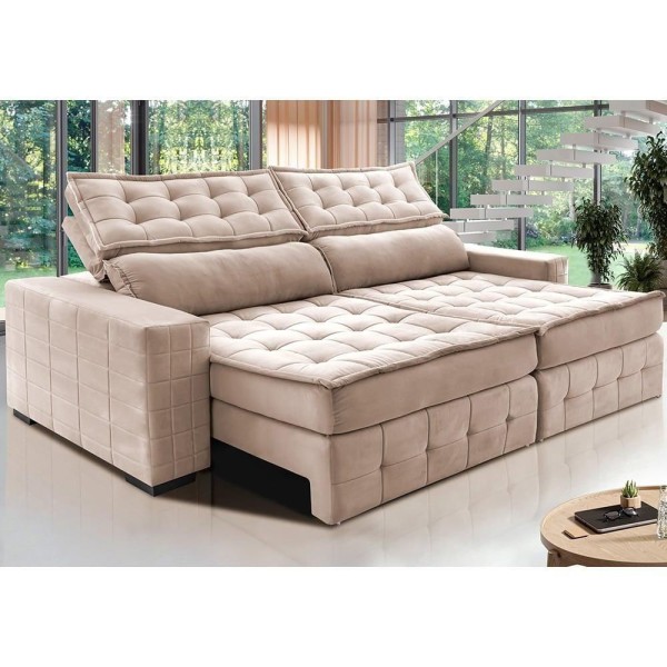 Sofá Retrátil E Reclinável 2,15M Cama Inbox Big Puffer Com Softgel D40 Velupluma Bege
