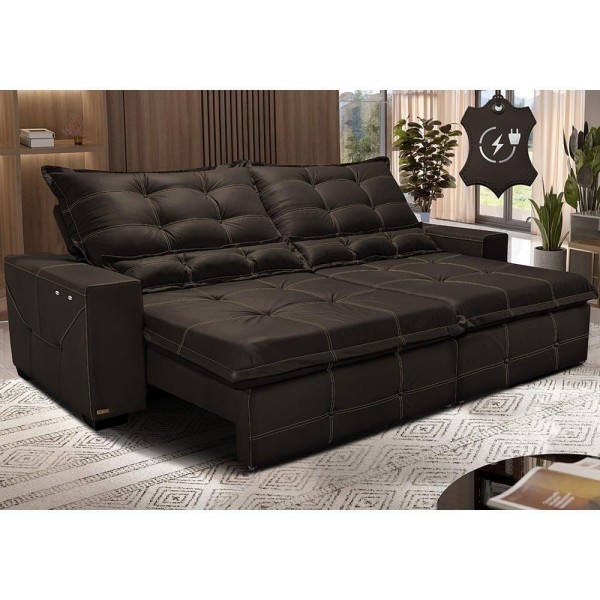 Sofá De Couro Elétrico Retrátil 2,95m Cama Inbox Gran Toro Softgel D40 Marrom
