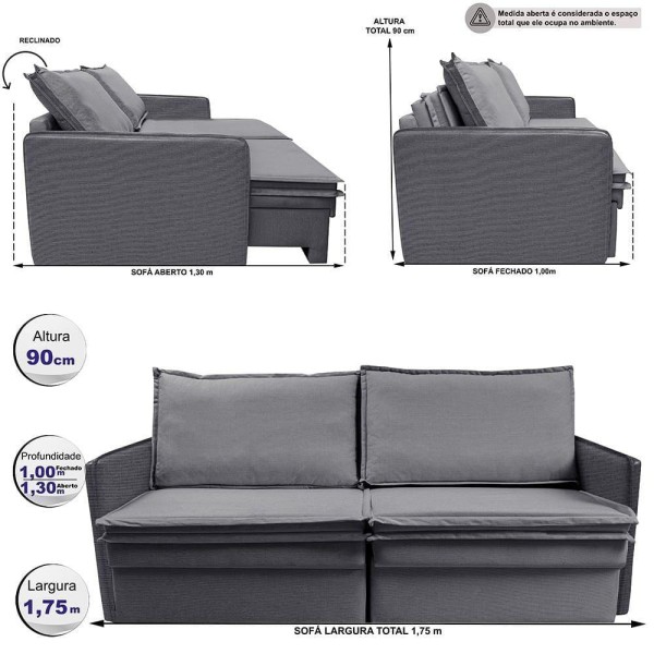 Encontraproduto.com.br - Sofá Sem Caixa Retrátil Baú 1,75m Lounge Linho Cinza Escuro Cama Inbox