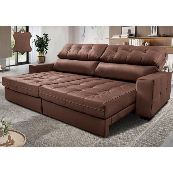 Sofá De Couro Legítimo Retrátil E Reclinável 3,15m Cama Inbox Majesty Softgel D40 Caramelo