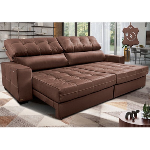 Encontraproduto.com.br - Sofá De Couro Elétrico Retrátil 2,55m Cama Inbox Gran Majesty Softgel D40 Caramelo