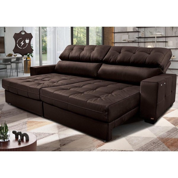 Sofá De Couro Elétrico Retrátil 2,95m Cama Inbox Gran Majesty Softgel D40 Marrom