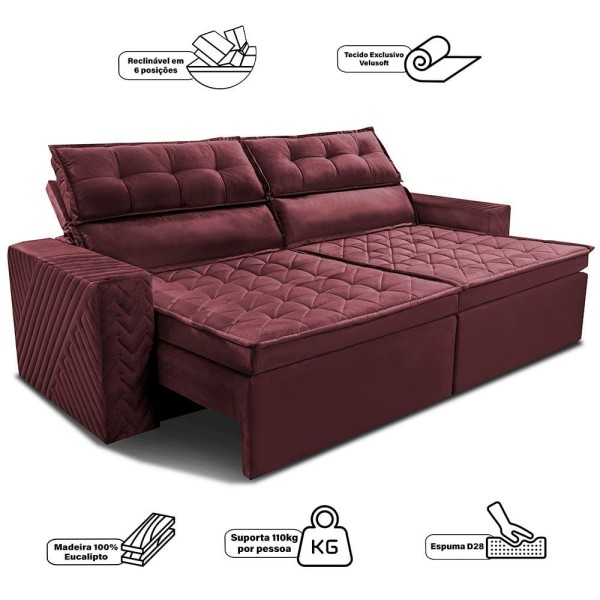 Encontraproduto.com.br - Sofá 4 Lugares Cama inBox Belém Retrátil e Reclinável Revestido em Suede Velusoft - 230cm de largura Vinho