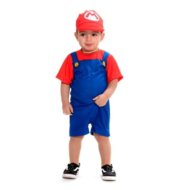 Encontraproduto.com.br - Fantasia Super Mario Bebê Original Curta Com Boné 1 a 2 anos