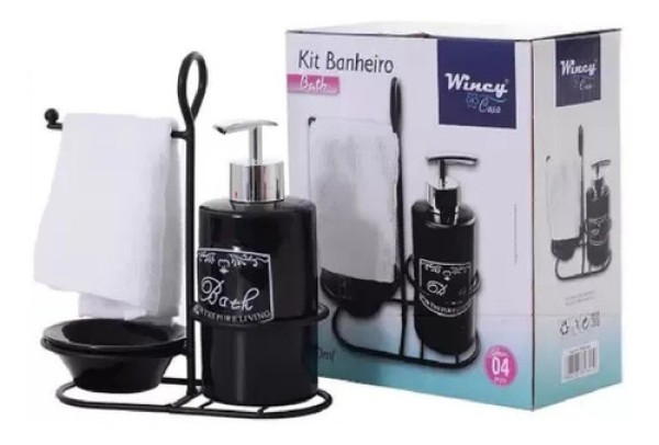 Kit 4 peças Banheiro Cerâmica Suporte Grade com Toalha Preto Wincy