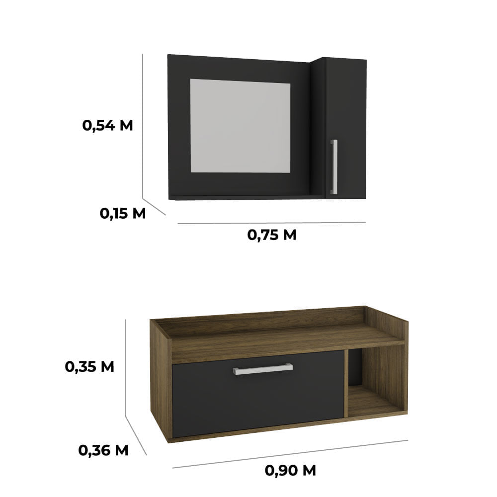 Kit Gabinete Para Banheiro Suspenso 90cm Com Armário E Sem Cuba Estilare Móveis Preto Com Madeirado