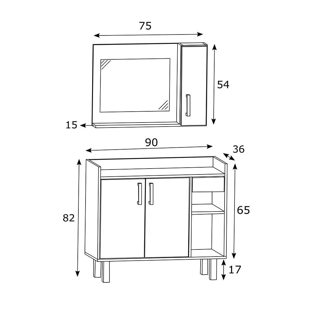 Kit Gabinete Para Banheiro c/ Espelheira Estilare Móveis Cnj1036 Branco c/ Creme