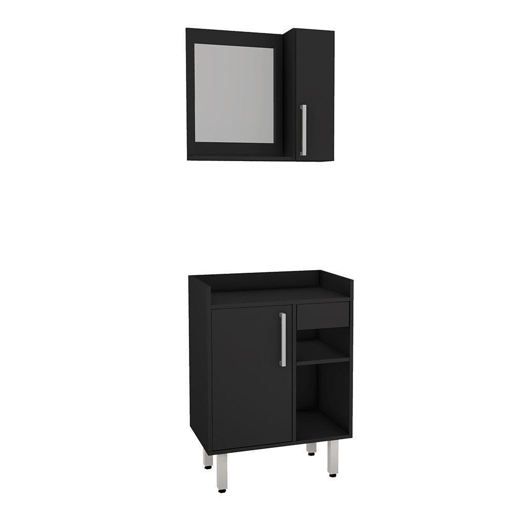 Kit Gabinete Para Banheiro 60cm c/ Espelheira Estilare Móveis Cnj1035 Preto