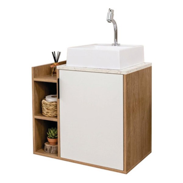Gabinete Banheiro Com Cuba 63cm 1 Porta 3 Nichos Matt Estilare Branco/carvalho