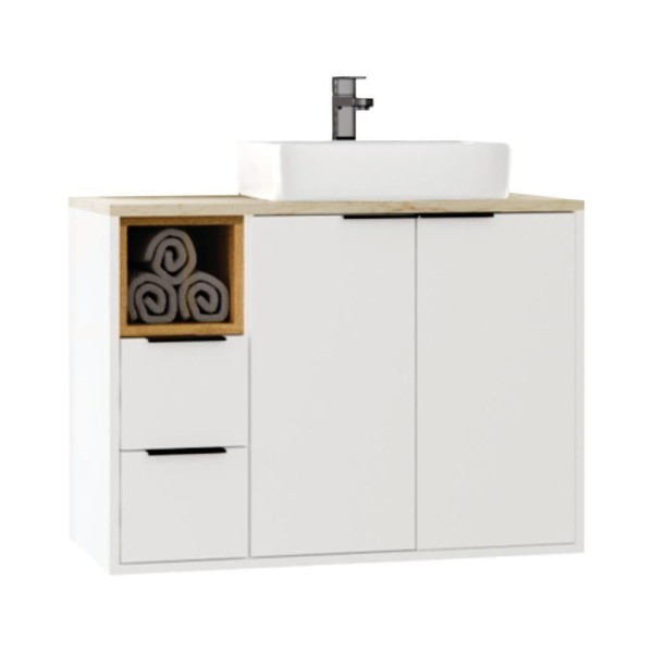 Encontraproduto.com.br - Gabinete Banheiro Com Cuba 76cm 3 Portas 1 Nicho Nevoa Estilare Branco/carvalho