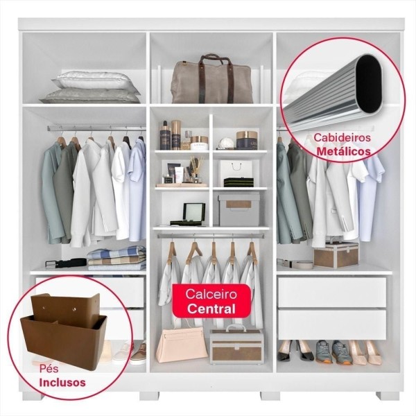 Encontraproduto.com.br - Guarda-roupa Casal 100% Mdf 6 Portas Com Espelho 4 Gavetas Sevilha Prime Imop Branco Neve Branco Neve