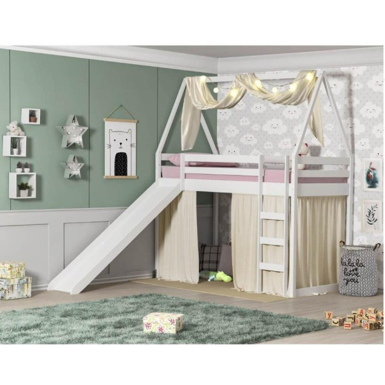 Cama Infantil Escorregador Prime Alta Ii Telhado Vi Casatema Branco/Creme