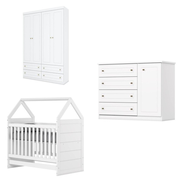 Encontraproduto.com.br - Quarto de Bebê Completo Americano Berço/Cômoda/Guarda Roupa - Branco