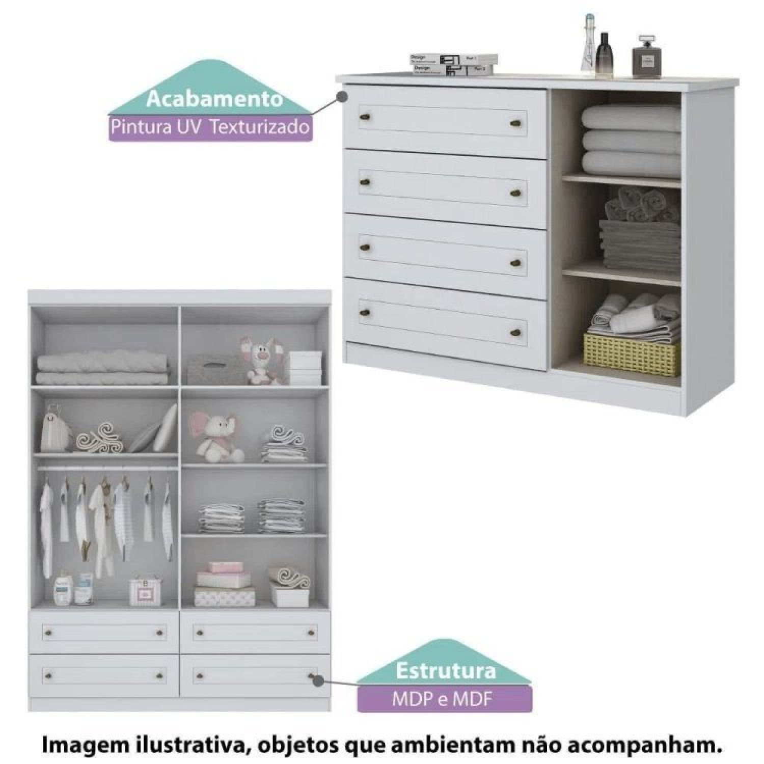Encontraproduto.com.br - Quarto de Bebê Completo Prime Berço/Cômoda/Guarda Roupa - Branco
