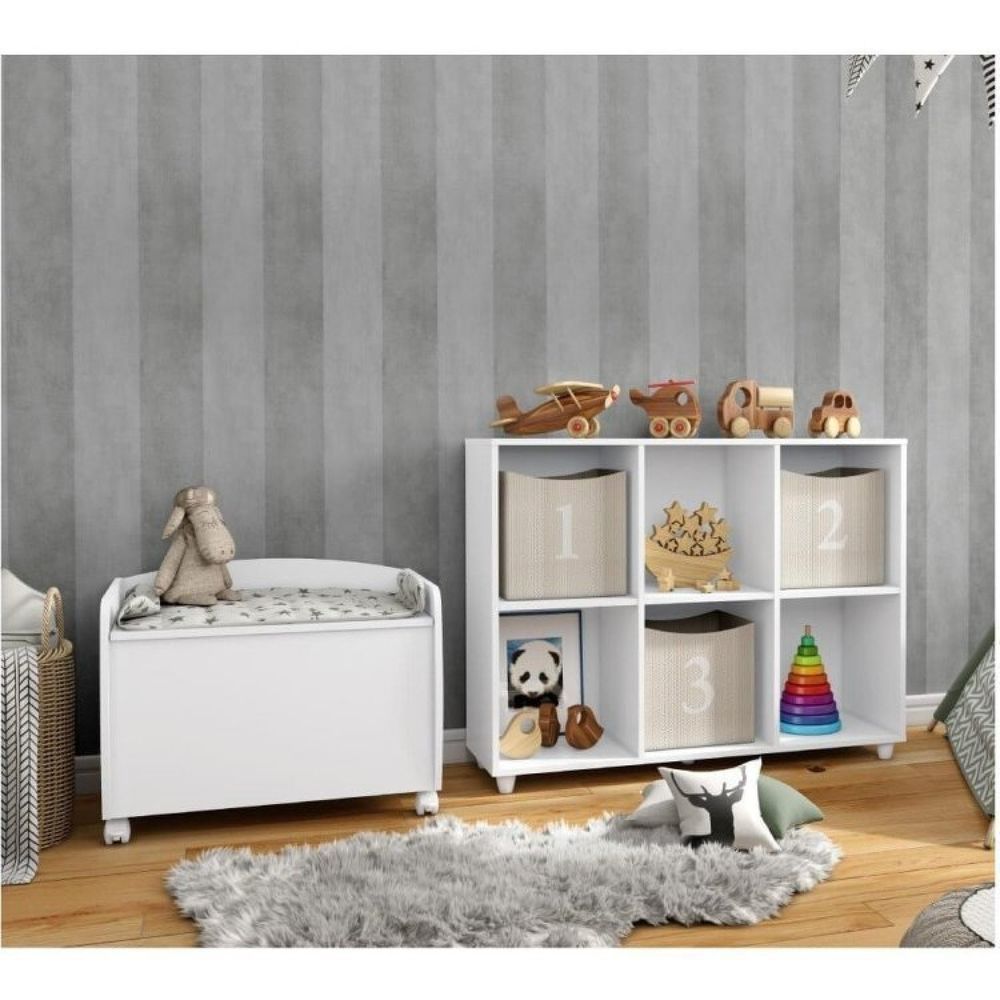 Conjunto Quarto Infantil Aquarela Com Baú E Organizador Henn Branco