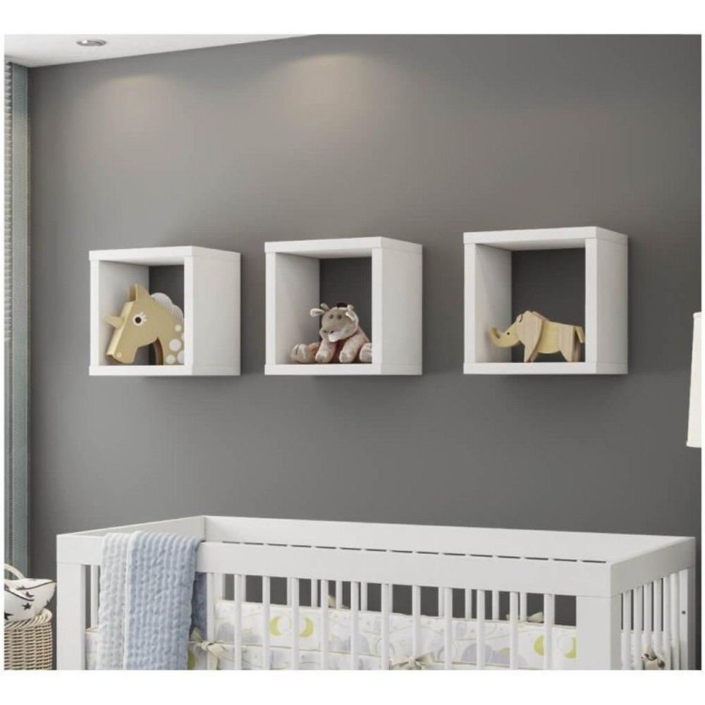 Kit 3 Nichos Para Quarto De Bebê Quadrado Aquarela Henn Branco