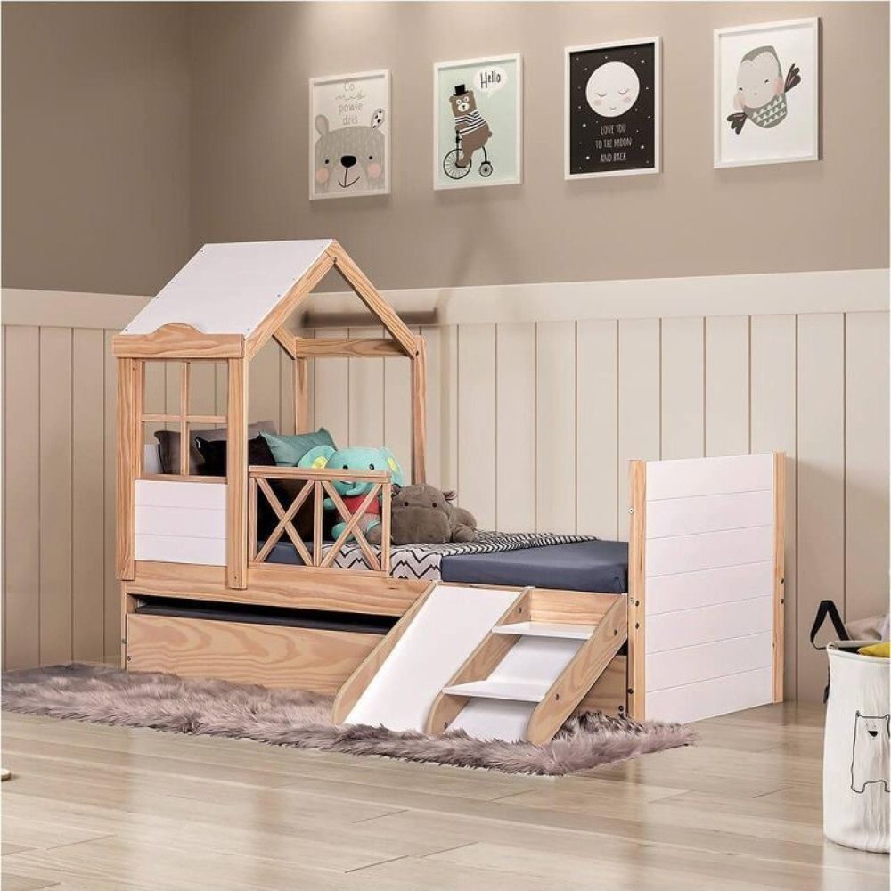 Bicama Solteiro Infantil Garden Com Telhado Plus E Kit Escadinha Casatema Natural/Branco