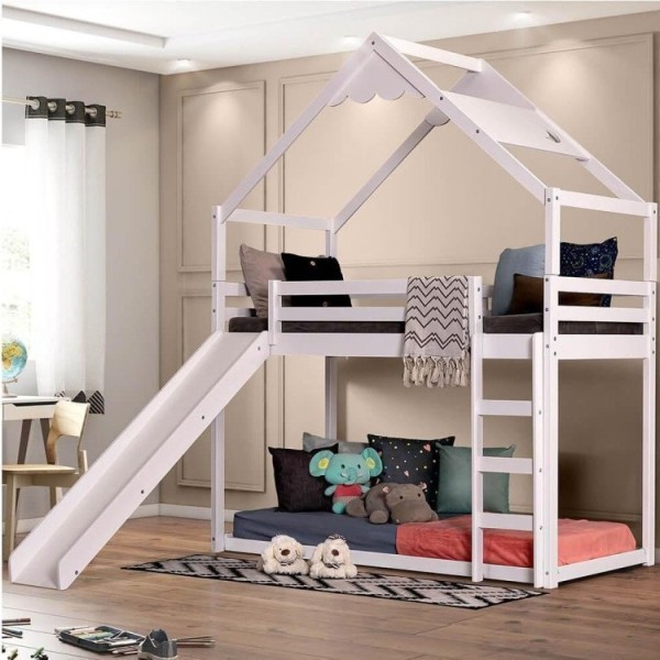 Encontraproduto.com.br - Beliche Montessoriana Prime Com Telhado Inclinado Lua E Escorregador Casatema Branco