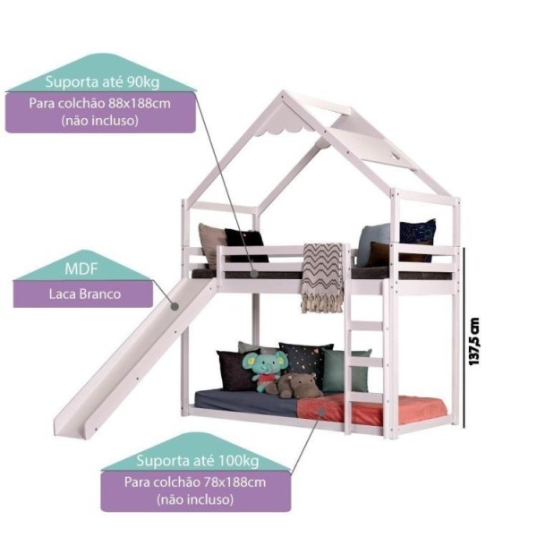 Encontraproduto.com.br - Beliche Montessoriana Prime Com Telhado Inclinado Lua E Escorregador Casatema Branco