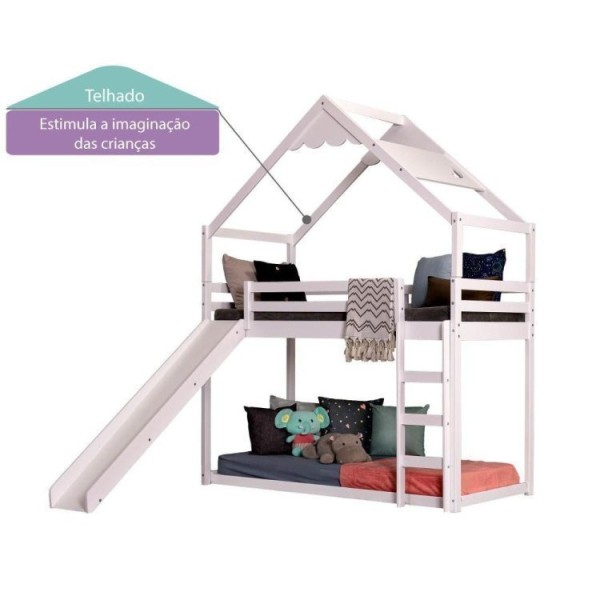 Encontraproduto.com.br - Beliche Montessoriana Prime Com Telhado Inclinado Lua E Escorregador Casatema Branco