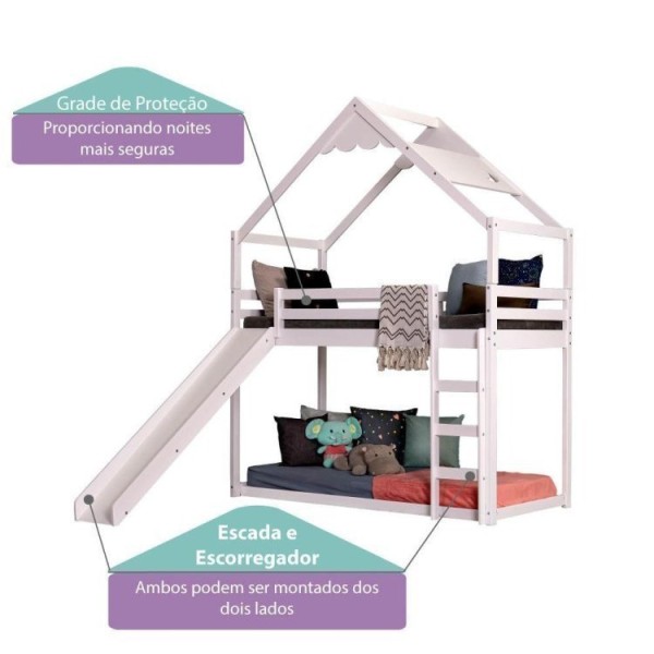 Encontraproduto.com.br - Beliche Montessoriana Prime Com Telhado Inclinado Lua E Escorregador Casatema Branco