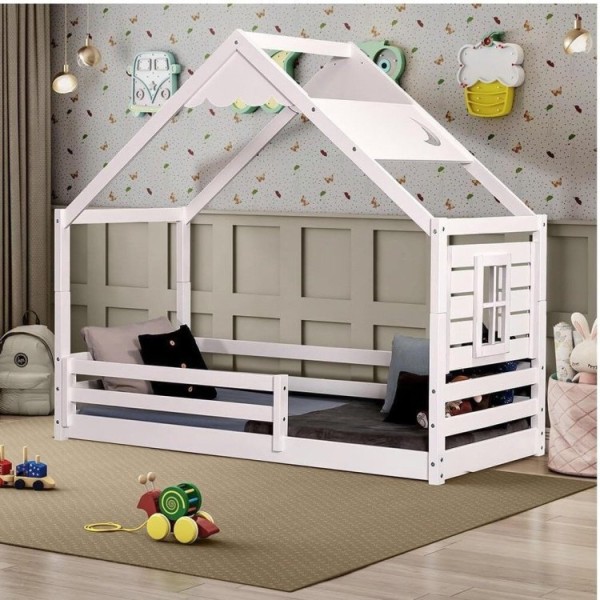 Encontraproduto.com.br - Cama Montessoriana Prime Com Telhado Inclinado Lua E Janela Casatema Branco