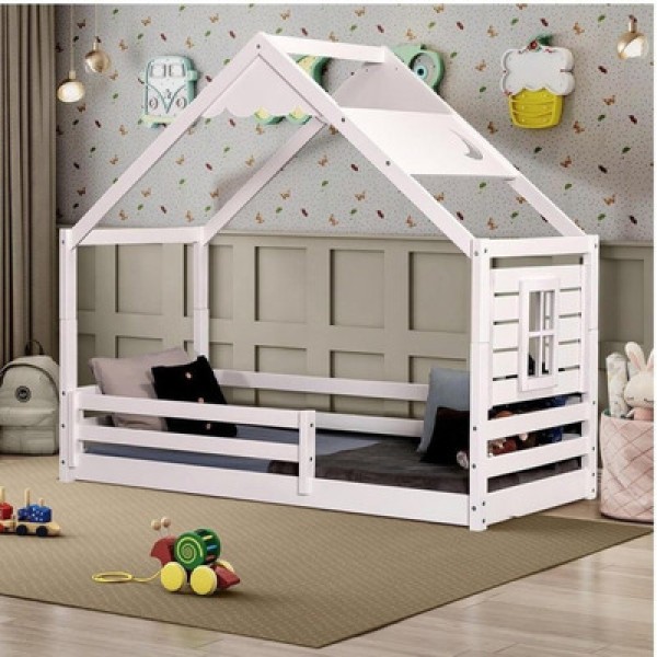 Encontraproduto.com.br - Cama Montessoriana Prime Com Telhado Inclinado Lua E Janela Casatema Branco