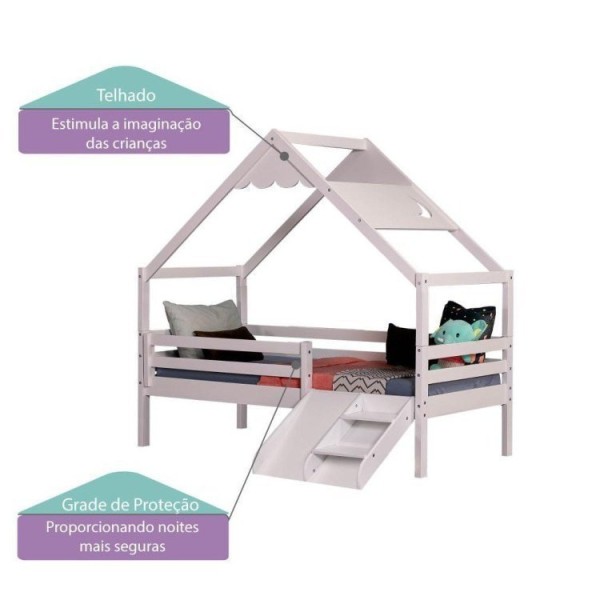 Encontraproduto.com.br - Cama Infantil Prime Com Telhado Inclinado Lua E Kit Escadinha Casatema Branco