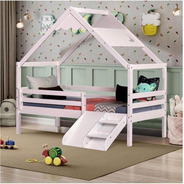 Cama Infantil Prime Com Telhado Inclinado Lua E Kit Escadinha Casatema Branco