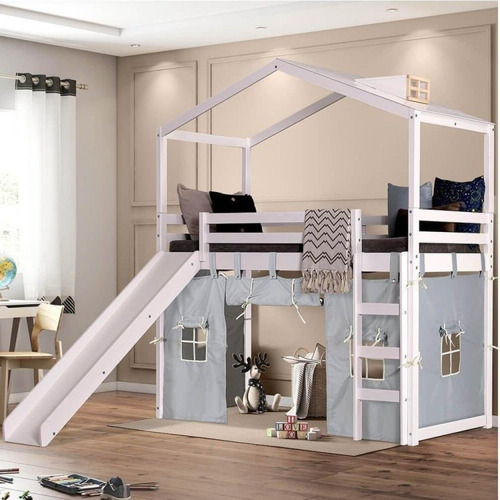 Cama Infantil Divertida Altura 125cm com Escorregador, Telhado Clarabóia e Tenda Branco/Cinza - Casatema