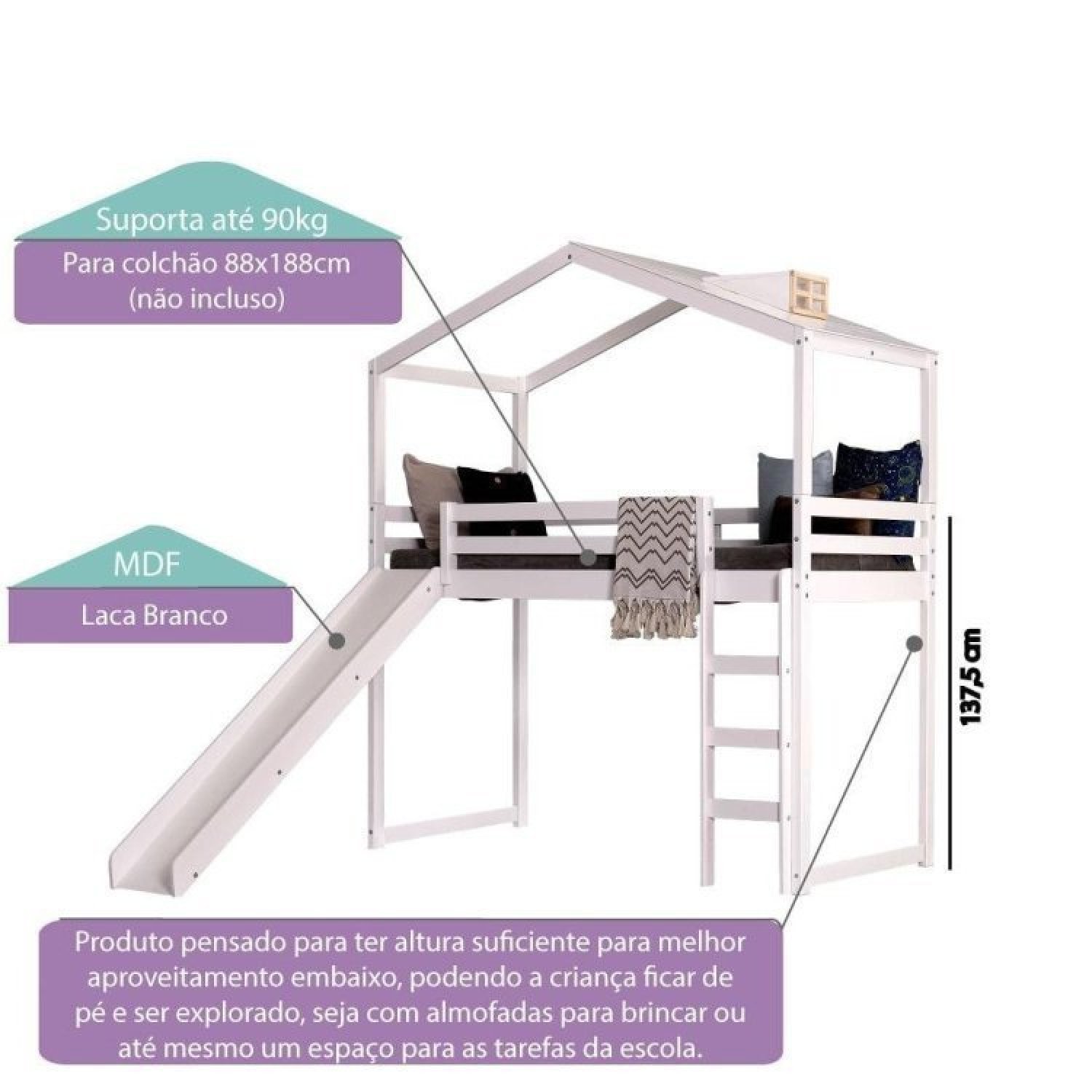 Encontraproduto.com.br - Cama Infantil Prime Alta Ii Com Escorregador E Telhado Clarabóia Casatema Branco/Natural