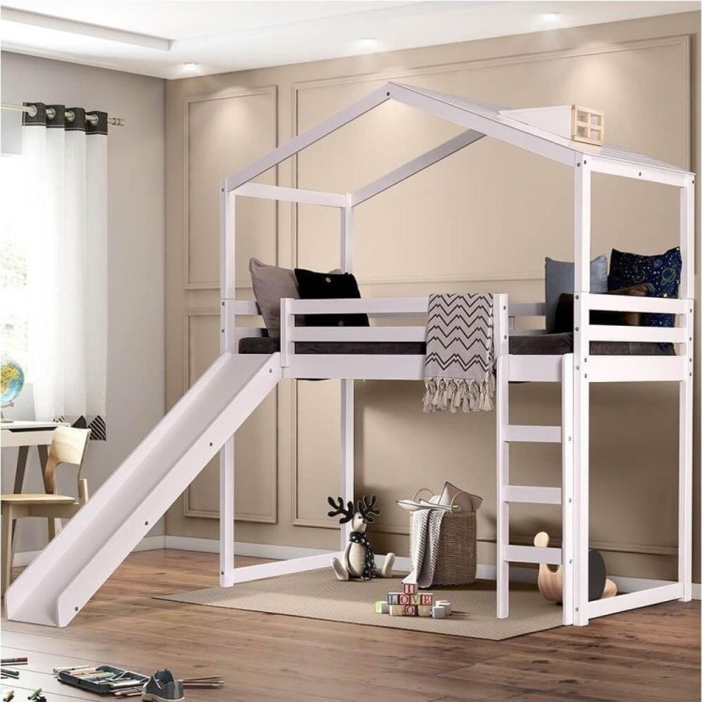 Cama Infantil Prime Alta Ii Com Escorregador E Telhado Clarabóia Casatema Branco/Natural