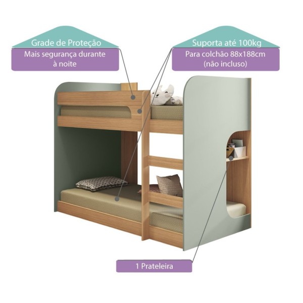 Encontraproduto.com.br - Beliche Montessoriano Baby Teens com 1 Prateleira - Menta/Nature