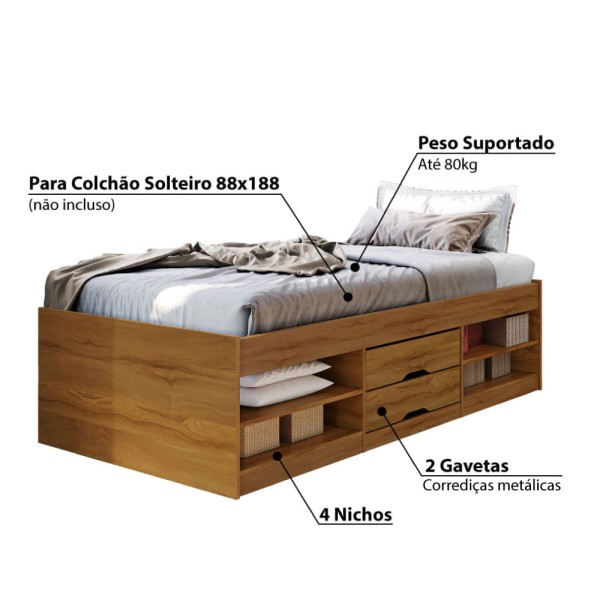Encontraproduto.com.br - Cama Solteiro Novah 4 Nichos e 2 Gavetas - Rústico
