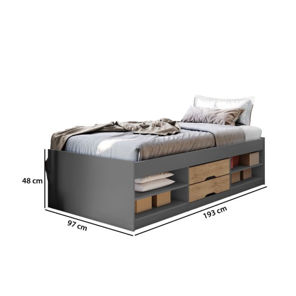 Encontraproduto.com.br - Cama Solteiro Novah 4 Nichos e 2 Gavetas - Chumbo/Amêndoa