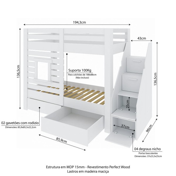 Encontraproduto.com.br - Beliche Infantil Star Plus Com Janela Casatema Branco