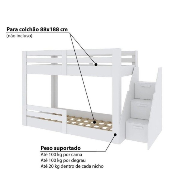 Encontraproduto.com.br - Beliche Montessoriano Star Plus com Grade e Escada Casatema Branco